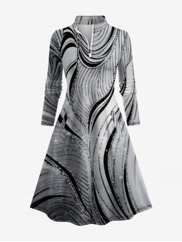 Robe de golf trapèze à imprimé marbré abstrait tourbillonnant, poche zippée et surpiqûres contrastantes - GRAY - 5XL