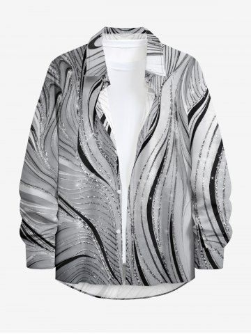 Abstract Marble Swirl Print Buttons Long Sleeve Hawaii Shirt For Men - GRAY - L