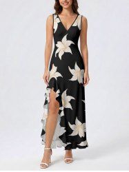 Robe cache-cœur fendue à volants et imprimé fleurs hawaïennes - Noir M