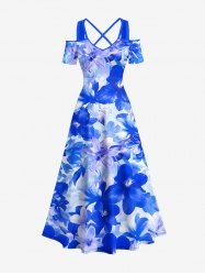 Robe longue hawaïenne à épaules dénudées et bretelles croisées, imprimé aquarelle fleurs d'hibiscus -  5X