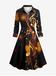 Robe chemise trapèze à boutons, imprimé notes de musique et taches lumineuses - marron foncé 5X