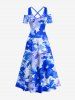Robe longue hawaïenne à épaules dénudées et bretelles croisées, imprimé aquarelle fleurs d'hibiscus -  5X