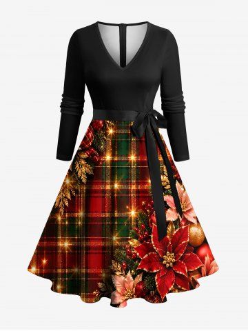 Christmas Tree Ball Flower Glitter Plaid Print Long Sleeves A Line Dress with Removable Belt - RED WINE - XS
