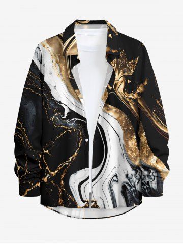 Marble Fluid Textured Print Hawaii Button Long Sleeves Shirt For Men - BLACK - M