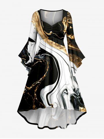 Robe asymétrique froncée à ourlet haut-bas, imprimé hawaïen effet marbre fluide texturé
