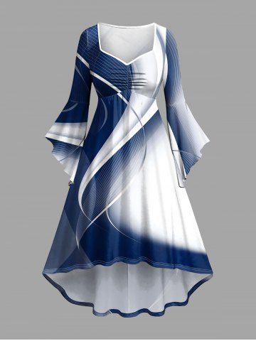 Ombre Curve Print Hawaii Ruched High Low Asymmetric Dress