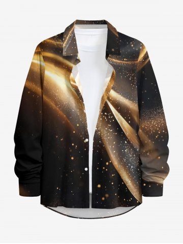 Ombre Glitter Light Beam Print Hawaii Button Long Sleeves Shirt For Men - BROWN - 2XL