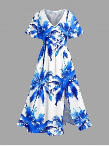 Robe midi trapèze à poches fendues, imprimé cocotier Hawaï