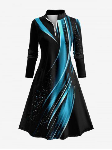 Robe de golf trapèze à imprimé 3D Art fluide Galaxy Glitter, poche zippée et surpiqûres contrastées - BLACK - 4XL