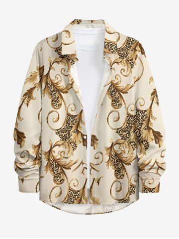 Leopard Curve Leaf Print Hawaii Button Long Sleeves Shirt For Men - LIGHT COFFEE - 6XL