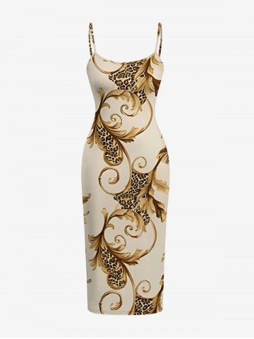 Leopard Curve Leaf Print Hawaii Dress - LIGHT COFFEE - S