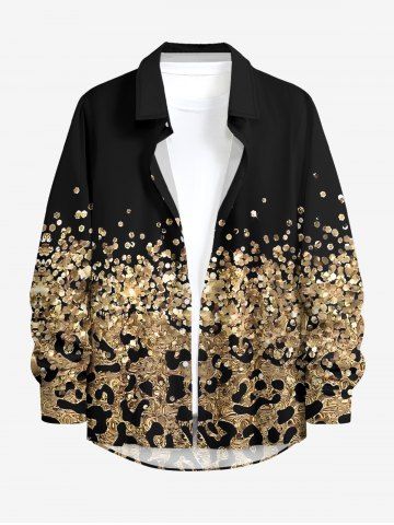 Sequins Leopard Print Hawaii Button Long Sleeves Shirt For Men - TAN - 8XL