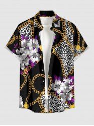 Chemise hawaïenne pour homme à boutons et poche, imprimé fleurs, léopard et chaîne - Noir S