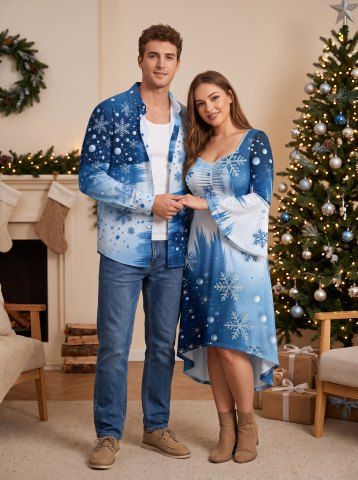 Christmas Snowflake Ball Print Matching Outfit For Couples - BLUE