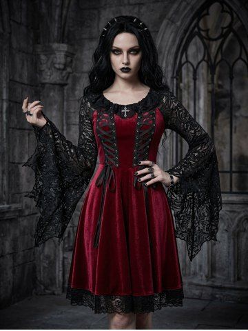 Gothic Floral Lace Flare Sleeves Ruffles Collar Cross Lace-up Velvet Layered A Line Dress - DEEP RED - S
