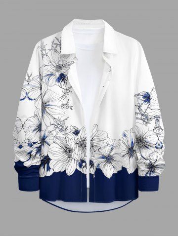Flowers Colorblock Print Buttons Long Sleeve Hawaii Shirt For Men - DEEP BLUE - 8XL