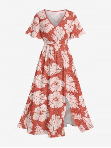 Robe midi hawaïenne fendue à imprimé paisley fleurs d'hibiscus et feuilles - ORANGE - S