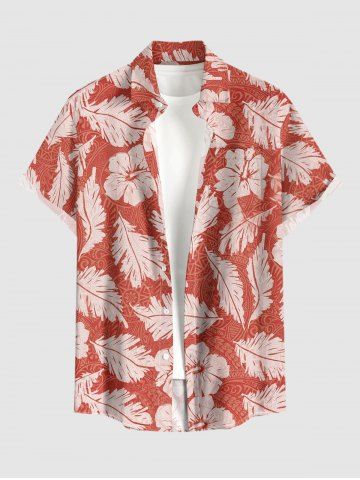 Hibiscus Flower Leaf Paisley Print Buttons Pocket Hawaii Shirt For Men - ORANGE - 6XL