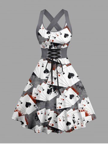 Poker Card Paint Splatter Print Lace Up Crisscross Hawaii Tank Dress - GRAY - XS