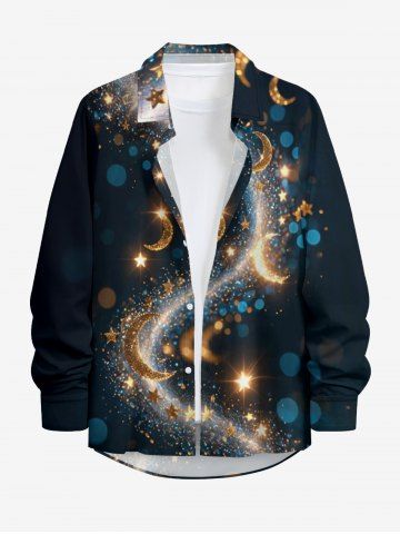 Moon Star Light Spot Glitter Galaxy Print Hawaii Button Long Sleeves Shirt For Men - MIDNIGHT BLUE - 6XL