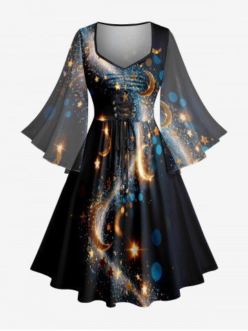 Moon Star Light Spot Glitter Galaxy Print Hawaii Ruched Lace Up A Line Dress - BLACK - XS
