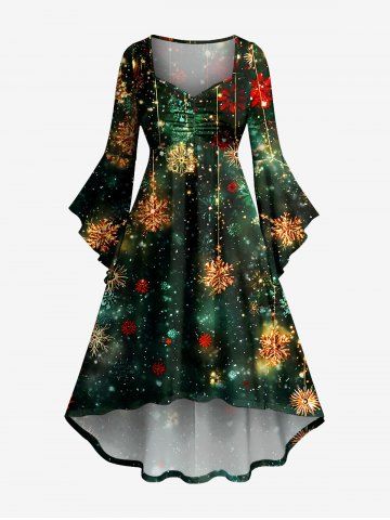 Robe de bal de Noël à imprimé galaxie ombré flocons de neige, drapée, coupe asymétrique longue derrière courte devant - DEEP GREEN - 1X