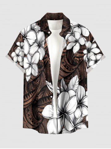 Flowers Ethnic Pattern Print Buttons Pocket Hawaii Shirt For Men - BROWN - XL