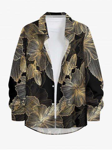 Metallic Flowers Print Buttons Long Sleeve Hawaii Shirt For Men - BLACK - 8XL
