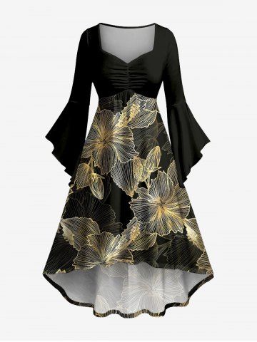 Metallic Flowers Print Ruched Flare Sleeves Hawaii High Low Dress - BLACK - 5X