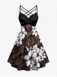 Flowers Ethnic Pattern Print Ruched Lattice Crisscross Straps Hawaii Dress -  