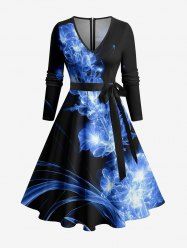Robe trapèze à manches longues, imprimé fleurs et feuilles hawaïen à paillettes, avec ceinture amovible - Bleu Ciel S