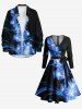 Robe trapèze à manches longues, imprimé fleurs et feuilles hawaïen à paillettes, avec ceinture amovible - Bleu Ciel S