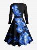 Robe trapèze à manches longues, imprimé fleurs et feuilles hawaïen à paillettes, avec ceinture amovible - Bleu Ciel S