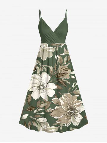 Robe camisole croisée hawaïenne à imprimé fleurs et feuilles - PLANT GREEN - 2X