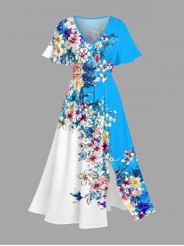 Robe midi hawaïenne cache-cœur à imprimé fleurs, feuilles et blocs de couleurs - LAKE BLUE - XS