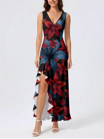 Robe portefeuille fendue à volants imprimé fleurs Hawaï - DEEP RED - XS