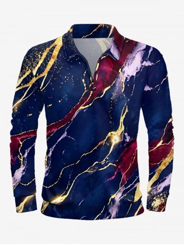 Marble Textured Fluid Print Hawaii Zipper Polo Shirt For Men - CADETBLUE - XS