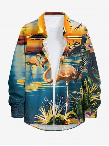 Tropical Leaf Plant Flamingo Sunset Print Hawaii Button Long Sleeves Shirt For Men - PEACOCK BLUE - 7XL