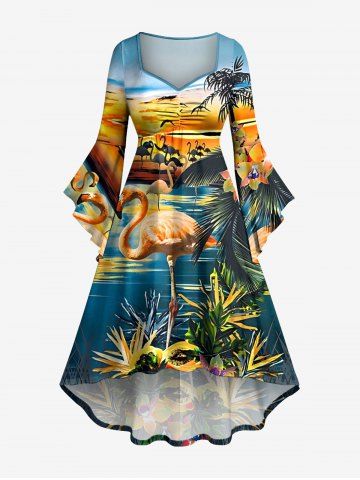 Tropical Leaf Plant Flamingo Sunset Print Hawaii Ruched High Low Asymmetric Dress - PEACOCK BLUE - L