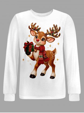 T-shirt à manches longues pour homme, imprimé renne de Noël, écharpe légère et boîte cadeau - WHITE - 3XL