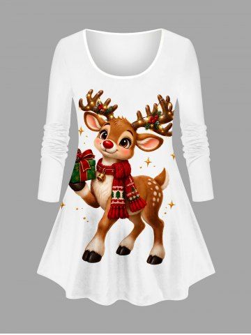 T-shirt à manches longues imprimé renne de Noël, foulard léger et coffret cadeau - WHITE - 2X