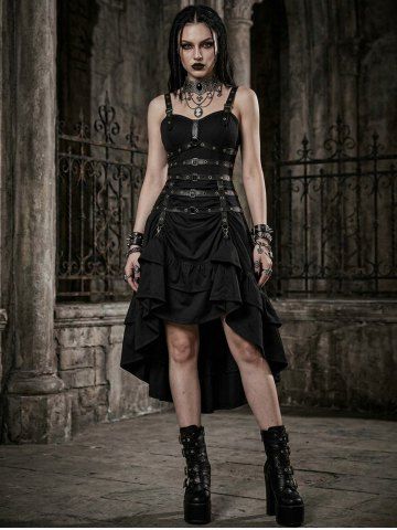 Gothic PU Leather Strap Grommets Ruched Ruffles High Low Tank Dress