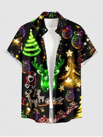 Christmas Tree Star Light Santa Claus Elk Neon 3D Print Buttons Pocket Shirt For Men - GREEN - 3XL