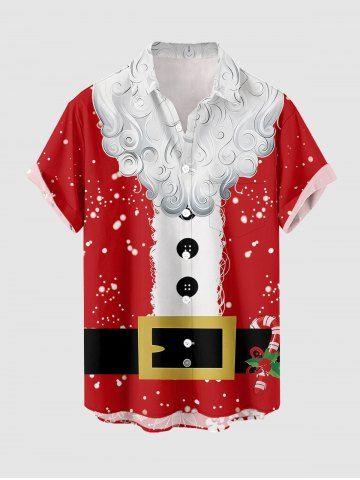 Chemise de Noël pour homme à boutons et poche, imprimé 3D barbe du Père Noël - RED - M