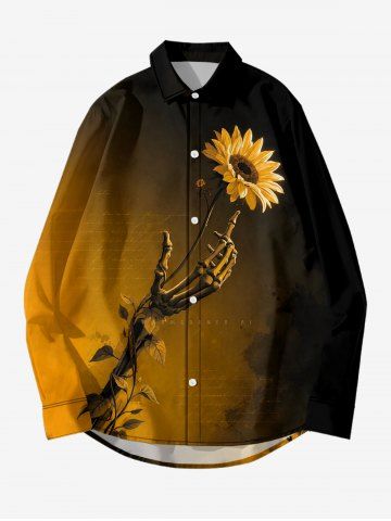 Skeleton Hand Flower Leaf Ombre Print Button Long Sleeves Shirt For Men - DEEP YELLOW - 8XL