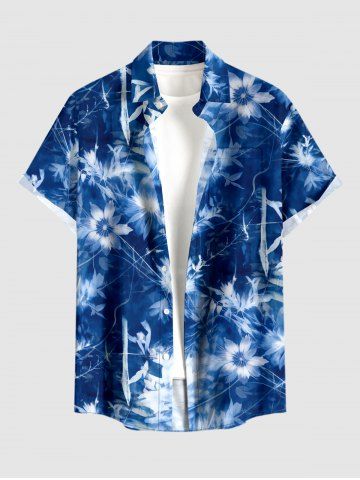Tie Dye Flowers Print Buttons Pocket Hawaii Shirt For Men - BLUE - 4XL