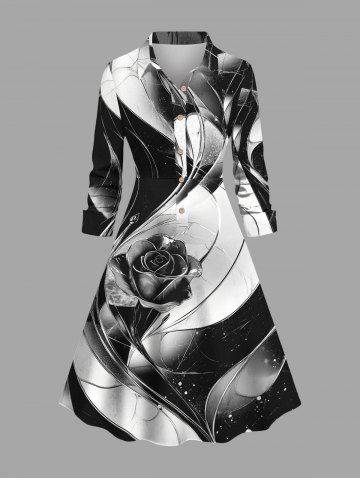 Curve Swirls Rose Flower Print Hawaii Button Shirt A Line Dress