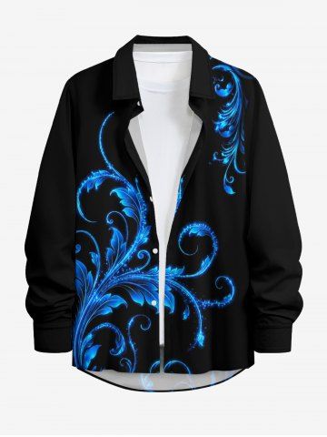 Glitter Curve Leaf Branch Print Hawaii Button Long Sleeves Shirt For Men - BLACK - 8XL