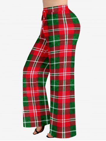 Christmas Plaid Print Tie Waist Stove Pipe Pants - RED - 4X