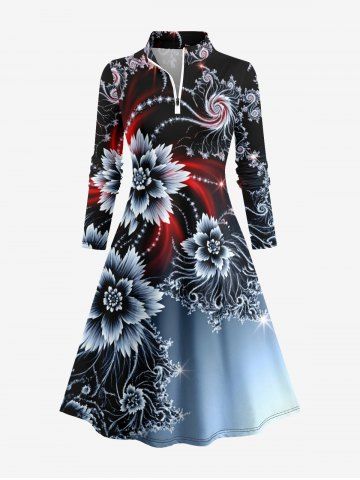 Ombre Flower Swirls Print Hawaii Zipper Pocket A Line Golf Dress - BLUE GRAY - 3XL
